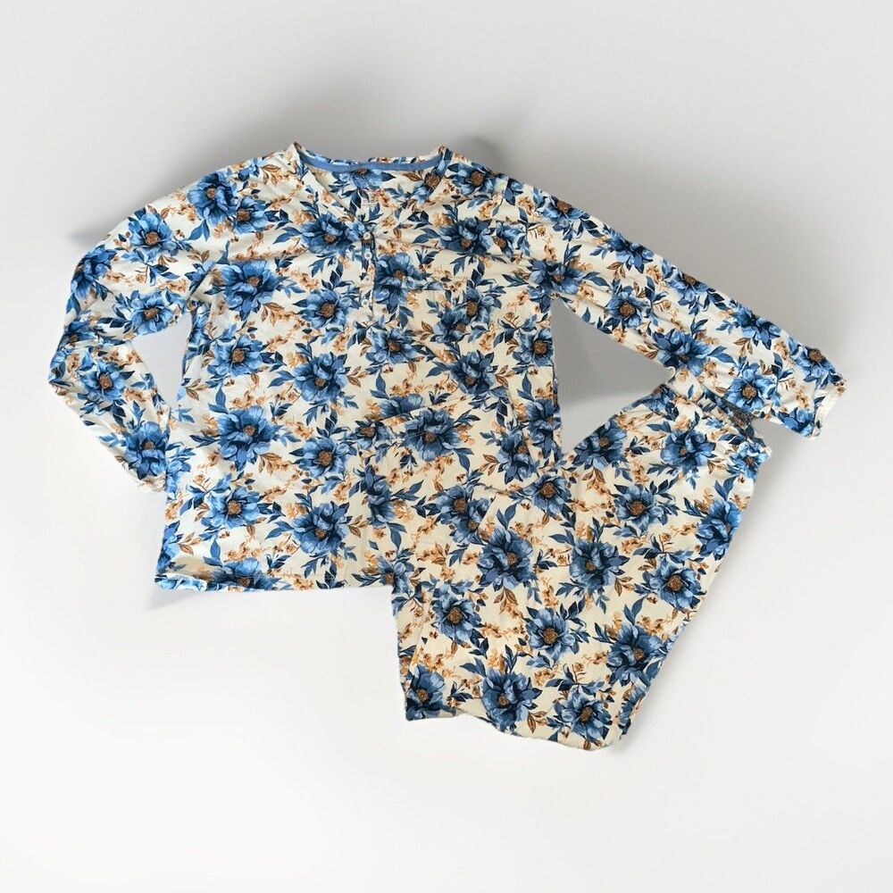 Poppy & Clay Cream Blue Floral Organic Cotton Pants Pajama Set Size Small